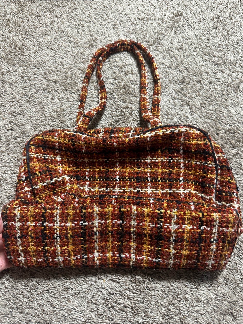 Vintage Plaid Shoulder Bag | Textured Top Handle Purse | Brown & Rust Tones - Picture 3 of 5